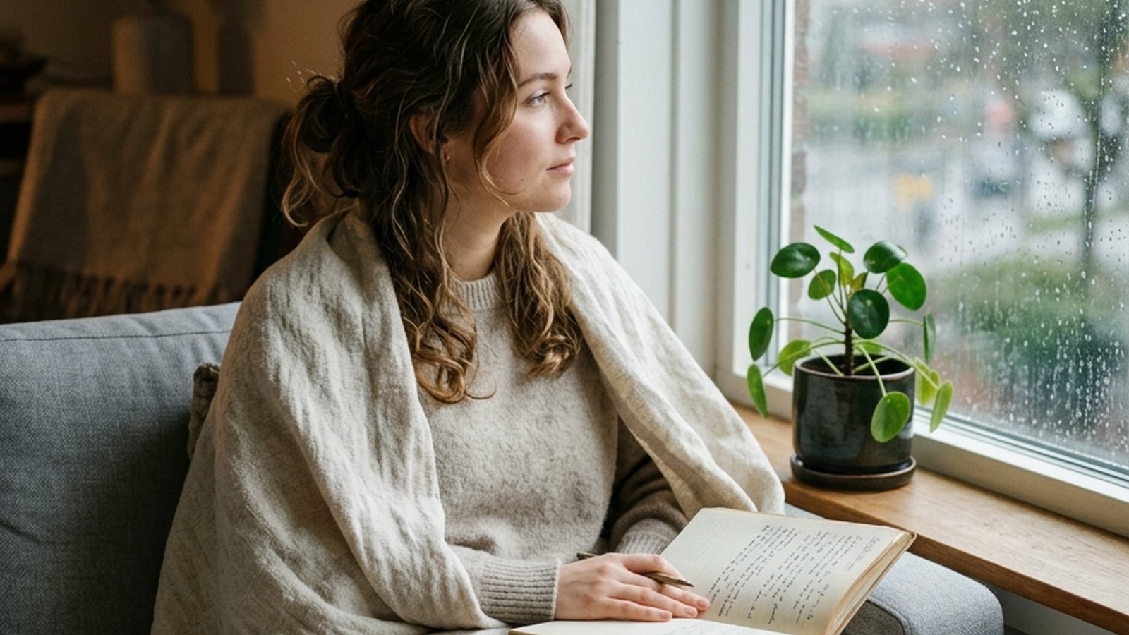 A traveler at home on a soft grey sofa in soft afternoon light, wrapped in a linen throw, gazing thoughtfully out a rain-flecked window with a small houseplant on the sill and an open journal on their knees