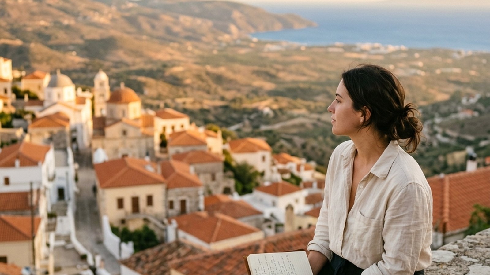 A traveler sitting on the low stone wall of a Mediterranean village at golden hour, unhurried, with an open journal and a coffee, small sunlit rooftops falling away below